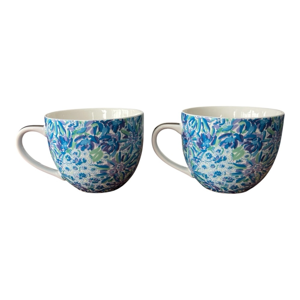 Lilly Pulitzer Mugs 2 Cups Blue White Floral Gold Logo Ceramic Coffee Tea Gifts - Picture 10 of 11